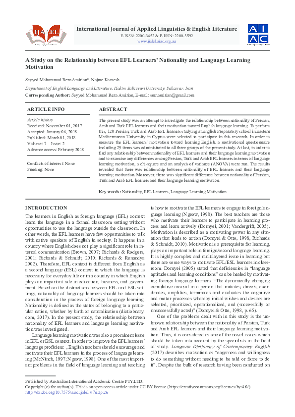 (PDF) A Study on the Relationship between EFL Learners' Nationality and ...