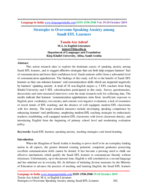 (PDF) Strategies to Overcome Speaking Anxiety among Saudi EFL Learners