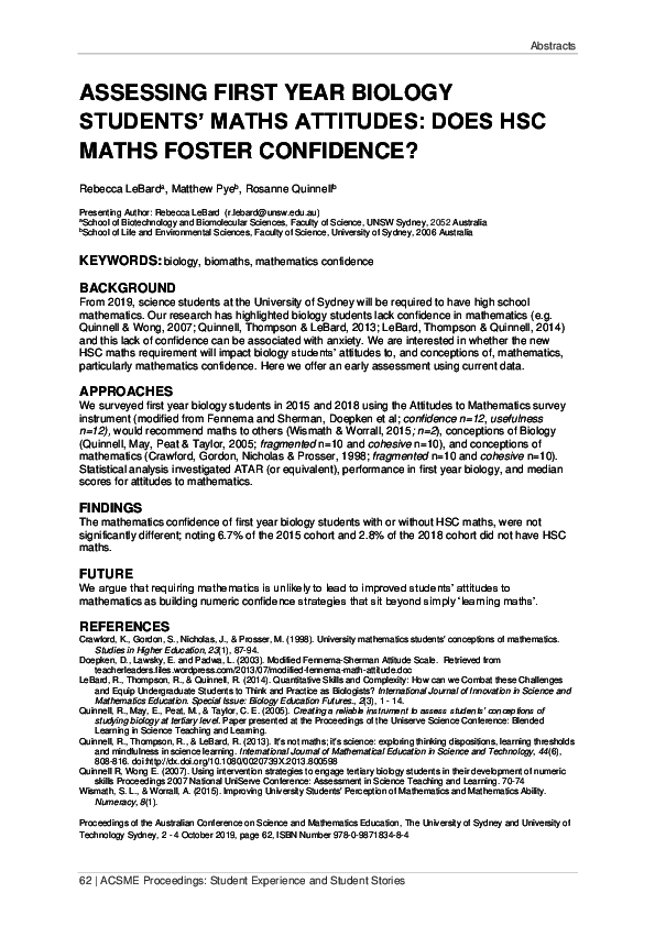 (PDF) Assessing First Year Biology Students’ Maths Attitudes: Does HSC ...