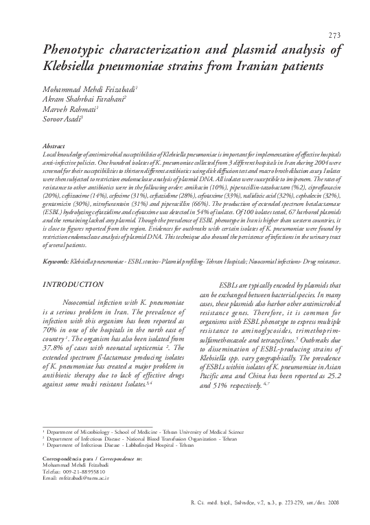 (PDF) Phenotypic characterization and plasmid analysis of Klebsiella ...