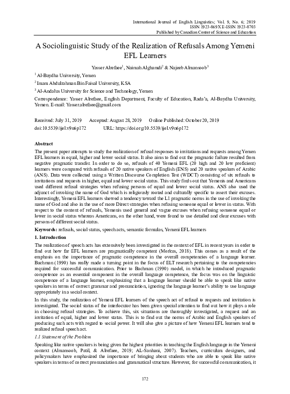 (PDF) A Sociolinguistic Study of the Realization of Refusals Among ...