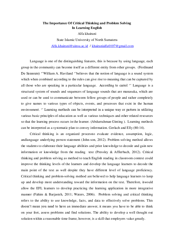 (PDF) The Importance Of Critical Thinking and Problem Solving In ...