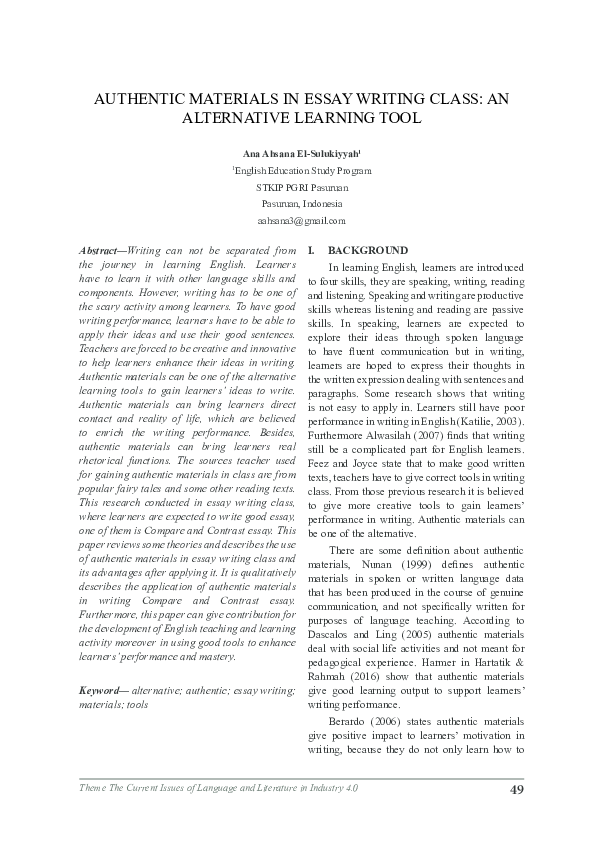 PDF) AUTHENTIC MATERIALS IN ESSAY WRITING CLASS: AN ALTERNATIVE