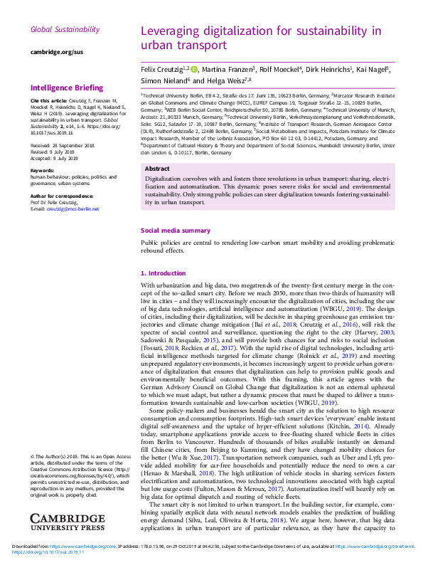 (PDF) Leveraging digitalization for sustainability in urban transport