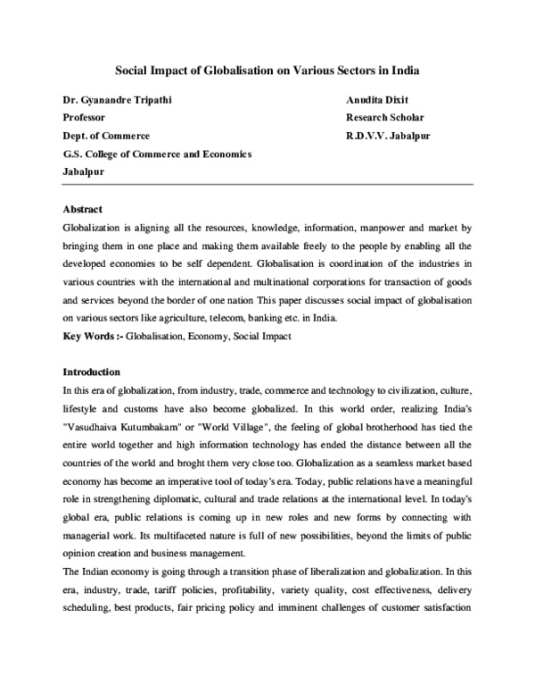 (PDF) Social Impact of Globalisation on Various Sectors in India