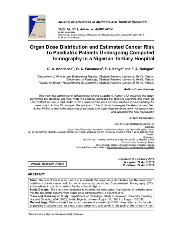 (PDF) Organ Dose Distribution and Estimated Cancer Risk to Paediatric ...