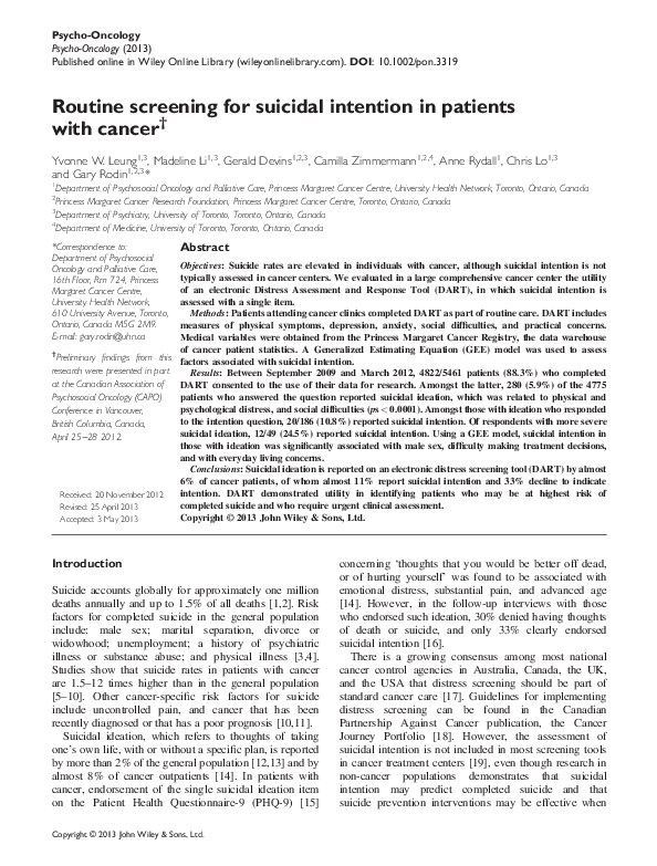 (PDF) Routine screening for suicidal intention in patients with cancer