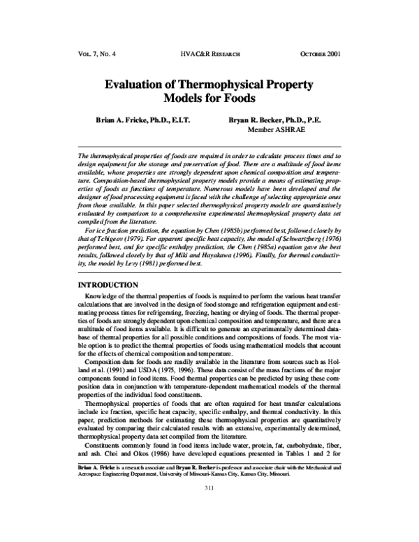 (PDF) Evaluation of Thermophysical Property Models for Foods