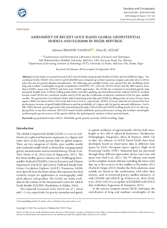 (PDF) ASSESSMENT OF RECENT GOCE-BASED GLOBAL GEOPOTENTIAL MODELS AND ...