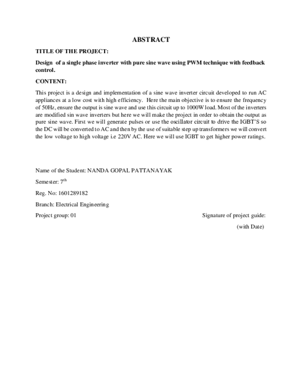 (DOC) ABSTRACT ON PURE SINE WAVE INVERTER