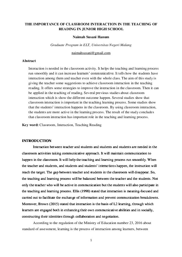 (PDF) THE IMPORTANCE OF CLASSROOM INTERACTION IN THE TEACHING OF ...