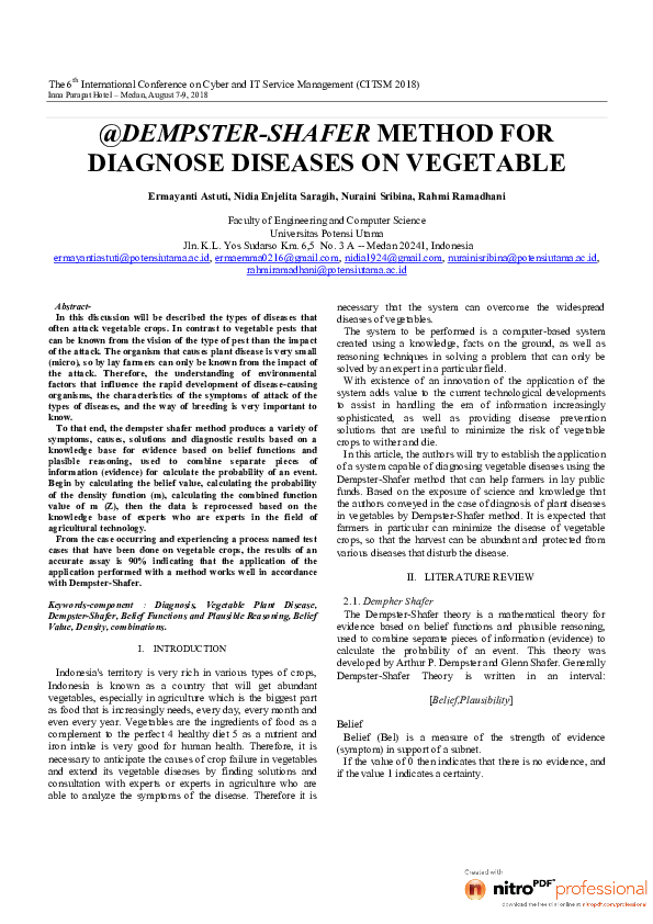 (PDF) DEMPSTER-SHAFER METHOD FOR DIAGNOSE DISEASES ON VEGETABLE