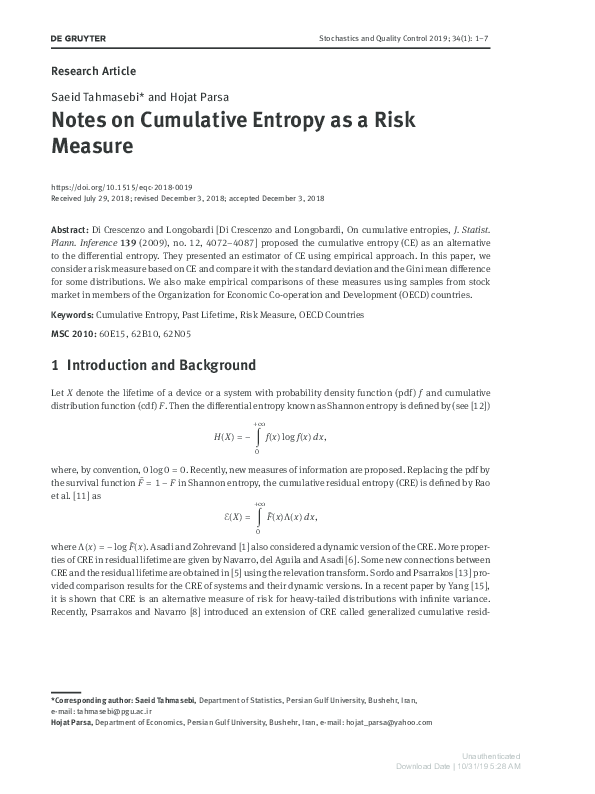 (PDF) Notes on Cumulative Entropy as a Risk Measure
