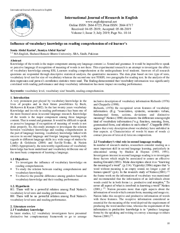 (PDF) Influence of vocabulary knowledge on reading comprehension of esl ...