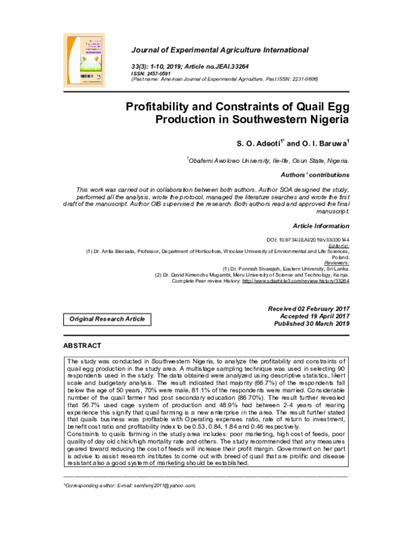 (PDF) Profitability and Constraints of Quail Egg Production in