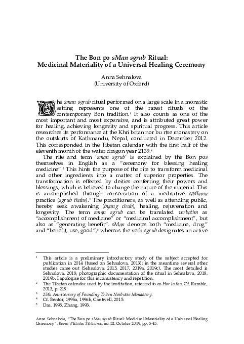 Pdf The Bon Po Sman Sgrub Ritual Medicinal Materiality Of A Universal Healing Ceremony Anna Sehnalova Academia Edu
