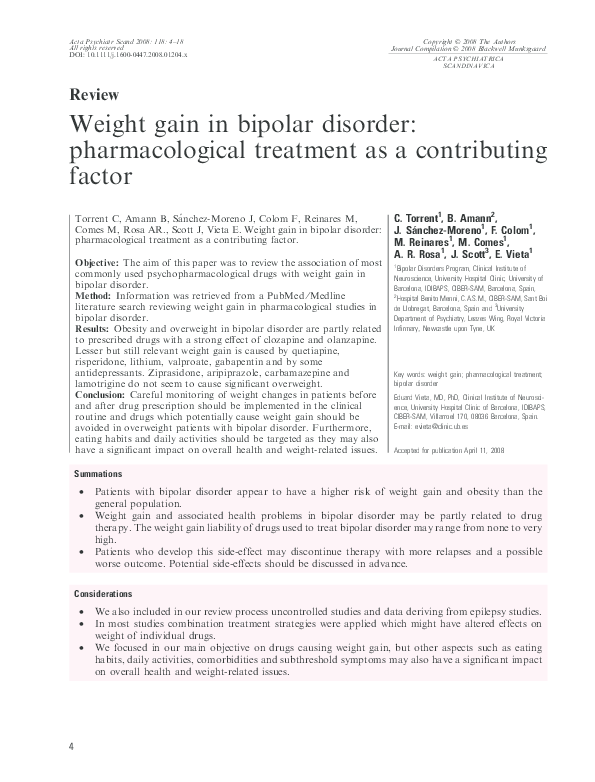 (PDF) Weight gain in bipolar disorder pharmacological treatment as a