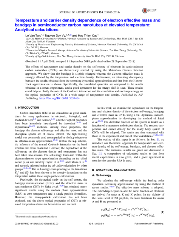 Pdf Temperature And Carrier Density Dependence Of Electron Effective Mass And Bandgap In Semiconductor Carbon Nanotubes At Elevated Temperature Analytical Calculations Nguyen Duy Vy Academia Edu