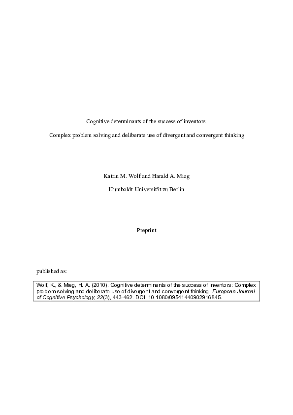 Pdf Cognitive Determinants Of The Success Of Inventors Complex
