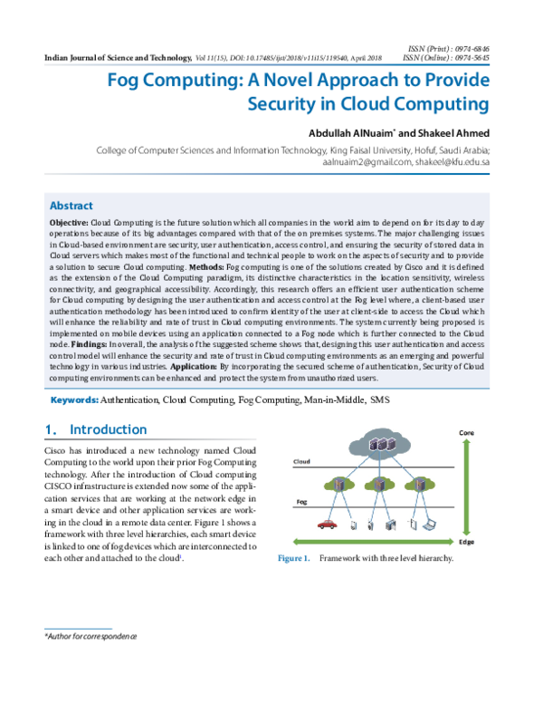 (PDF) Fog Computing A Novel Approach to Provide security in Cloud Computing