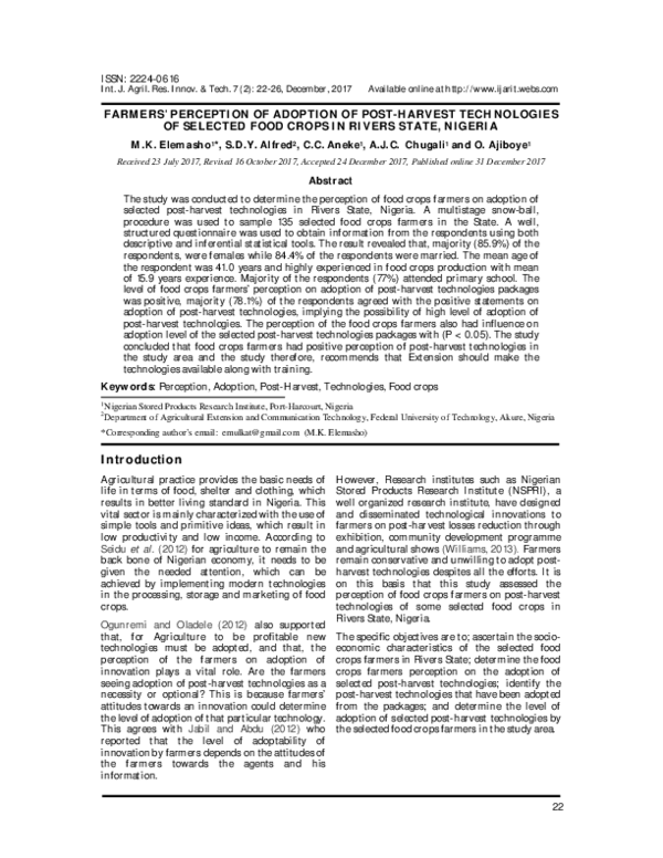 (PDF) Farmers’ perception of adoption of postharvest technologies of ...