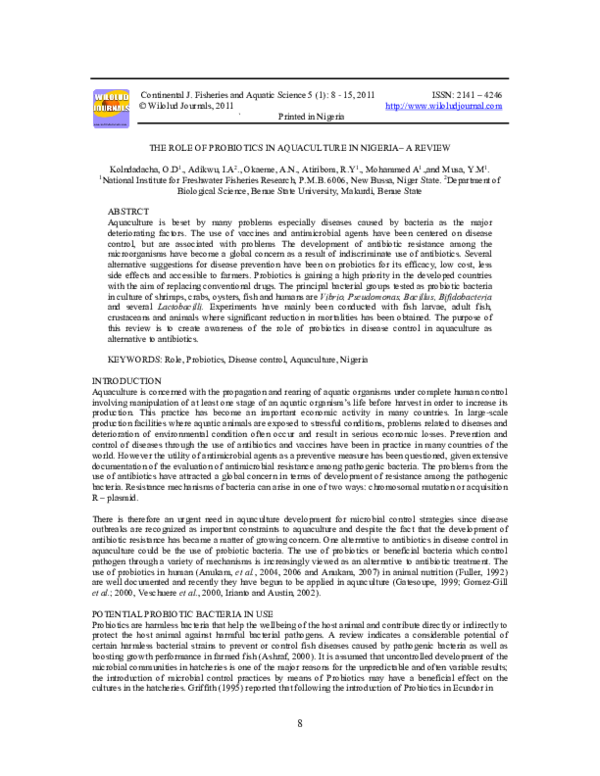 (PDF) THE ROLE OF PROBIOTICS IN AQUACULTURE IN NIGERIA– A REVIEW