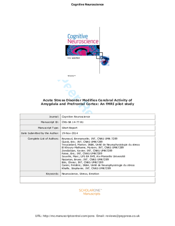 (PDF) Acute stress disorder modifies cerebral activity of amygdala and ...