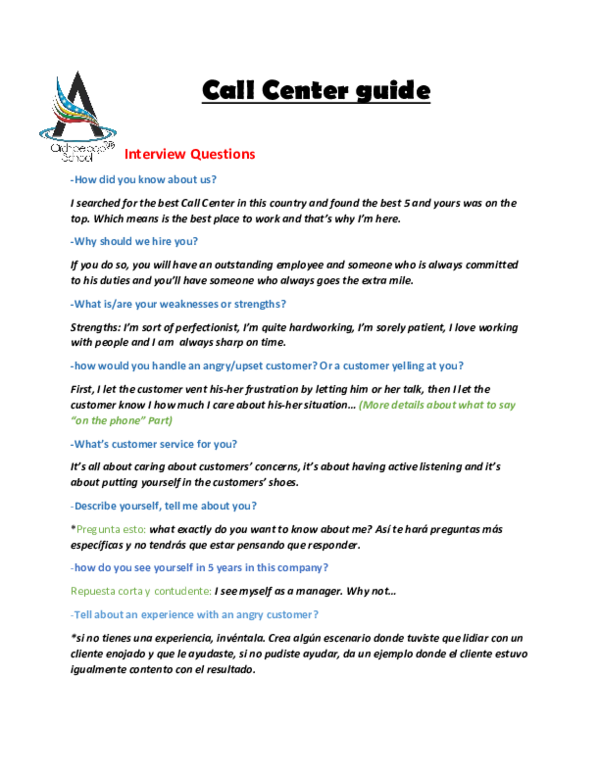 (PDF) Call Center guide Interview Questions viviam virguez Academia.edu