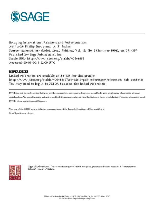 Pdf Bridging International Relations And Postcolonialism
