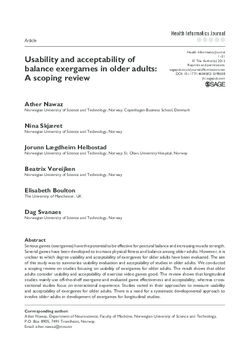 (PDF) Usability and acceptability of balance exergames in older adults ...