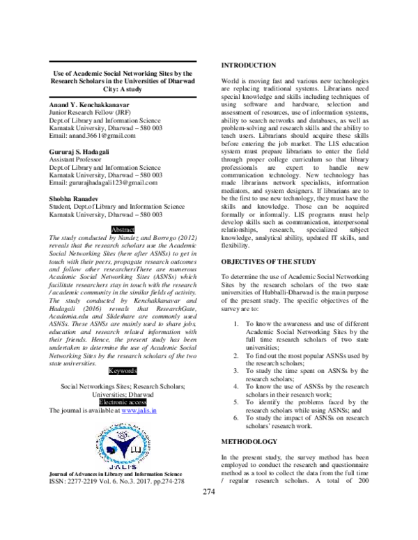 (PDF) Use of Academic Social Networking Sites by the Research Scholars ...