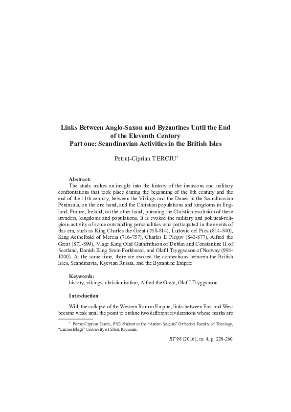 Links Between Anglo-Saxon and Byzantines Until the End of the Eleventh Century Part one: Scandinavian Activities in the British Isles