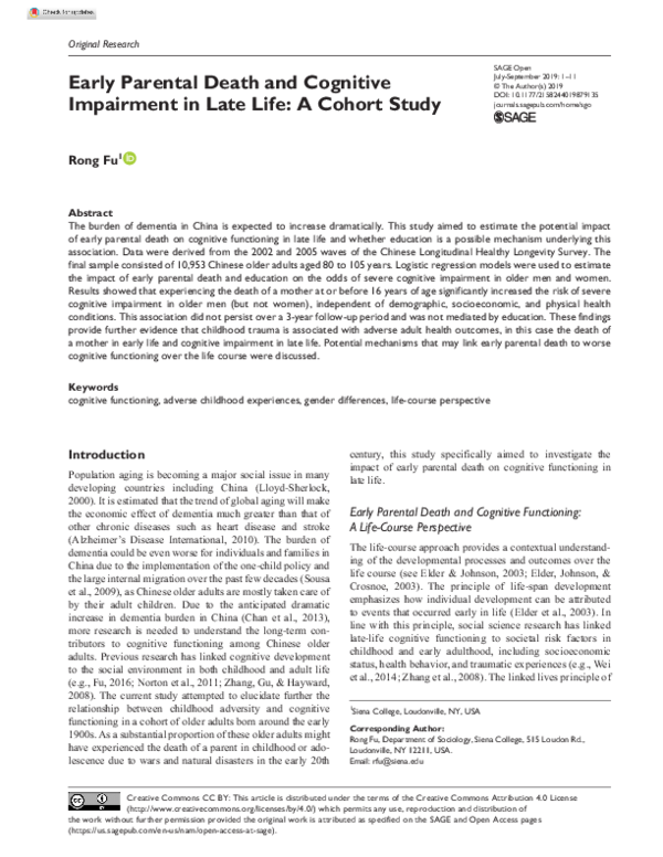 (PDF) Early Parental Death and Cognitive Impairment in Late Life: A ...