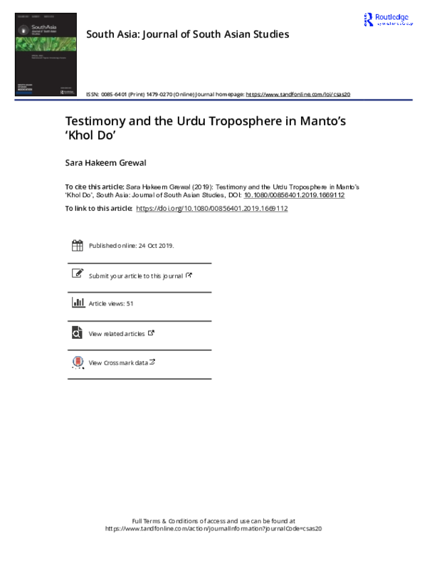 (PDF) Testimony and the Urdu Troposphere in Manto's "Khol Do" Sara Grewal Academia.edu