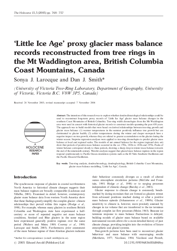 (PDF) Little Ice Age' proxy glacier mass balance records reconstructed from tree rings in the Mt