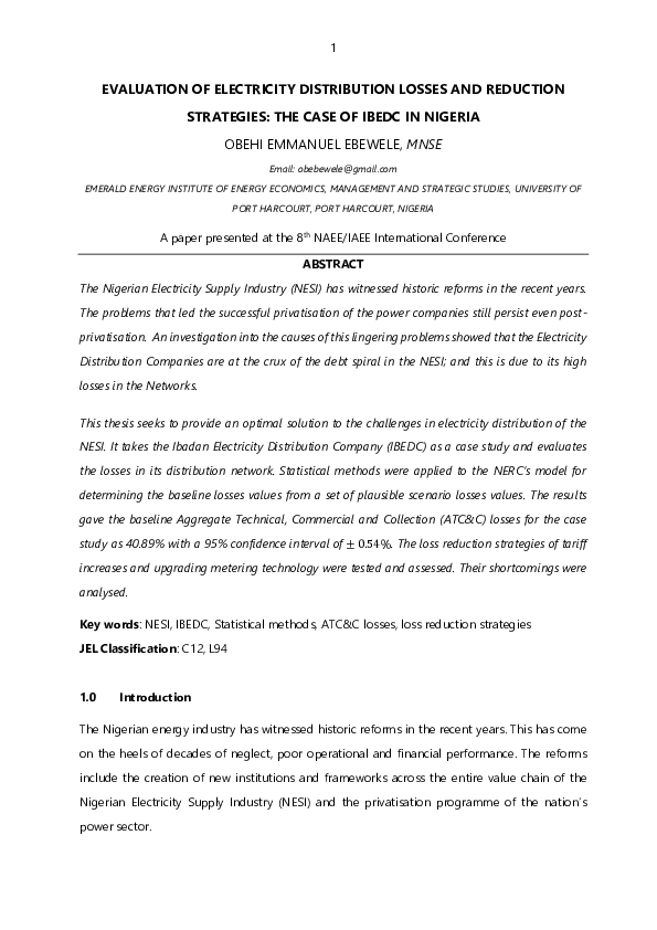 (DOC) Evaluation of Electricity Distribution Losses Obehi Ebewele