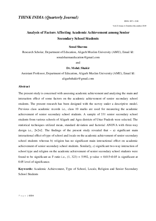 (PDF) Analysis of Factors Affecting Academic Achievement among Senior ...