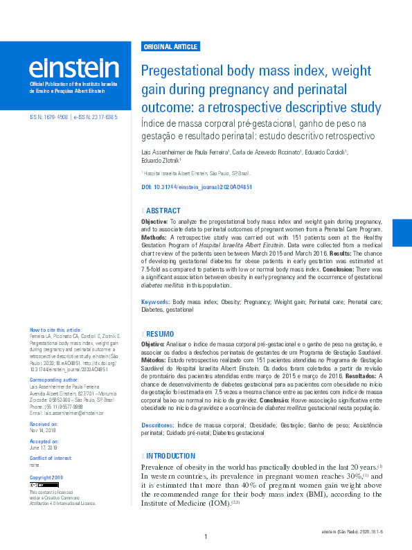 (PDF) Pregestational body mass index, weight gain during pregnancy and ...