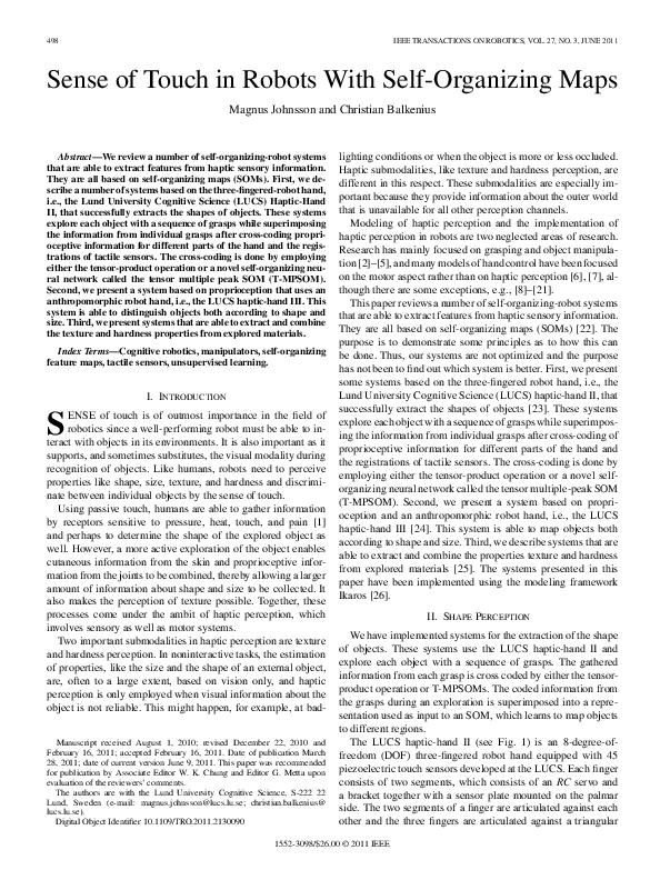 (PDF) Sense of Touch in Robots With Self-Organizing Maps