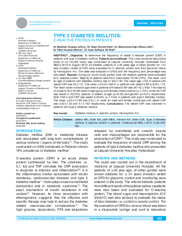 (PDF) TYPE 2 DIABETES MELLITUS 000 TYPE 2 DIABETES MELLITUS; C-REACTIVE ...