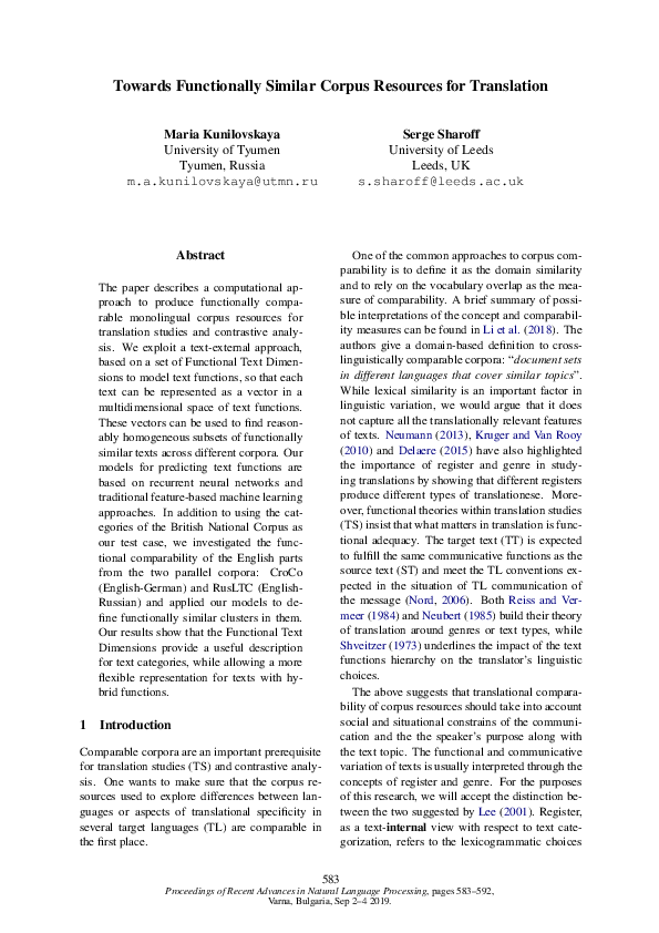 (PDF) Towards Functionally Similar Corpus Resources for Translation
