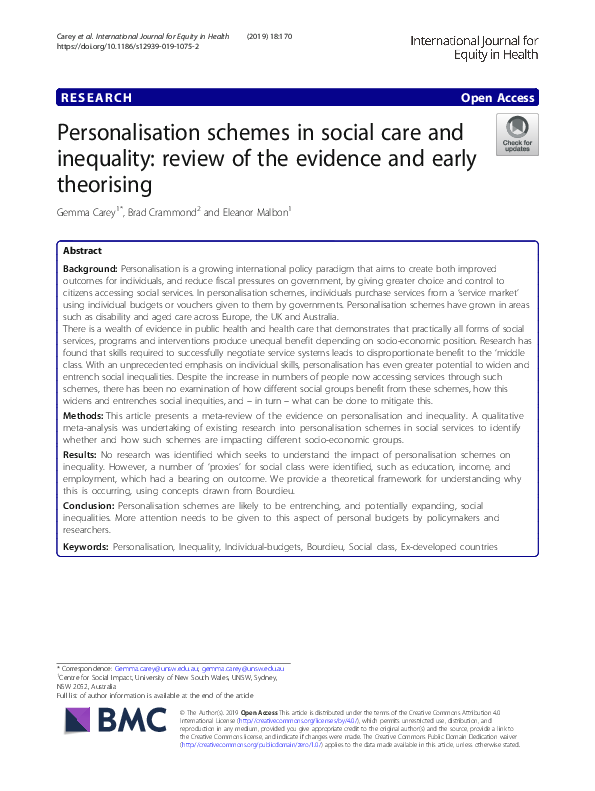 (PDF) Personalisation schemes in social care and inequality: review of ...