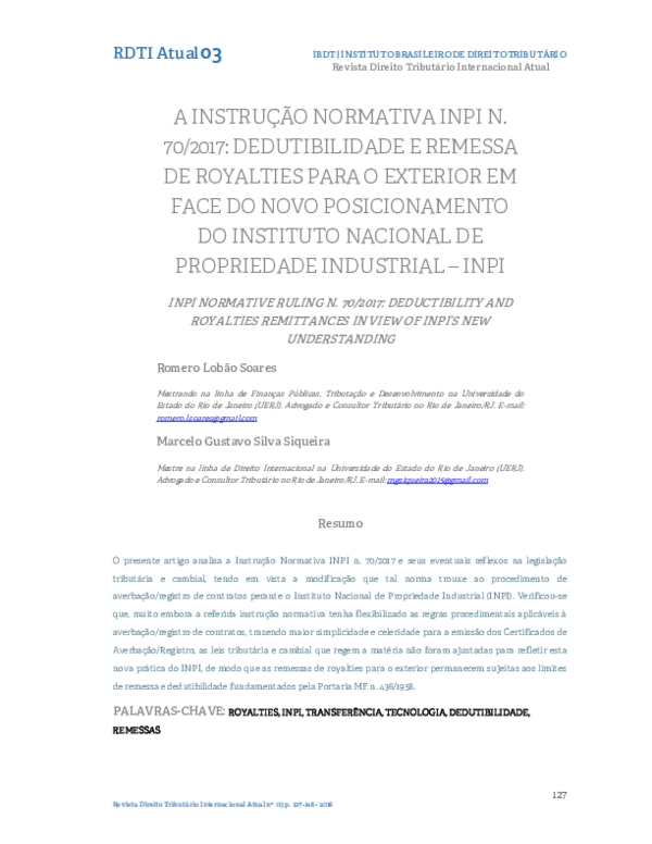 (PDF) A INSTRUÇÃO NORMATIVA INPI N. 70/2017