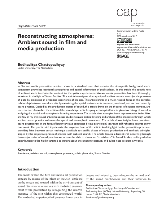 Pdf Reconstructing Atmospheres Ambient Sound In Film And Media Production Budhaditya Chattopadhyay Academia Edu