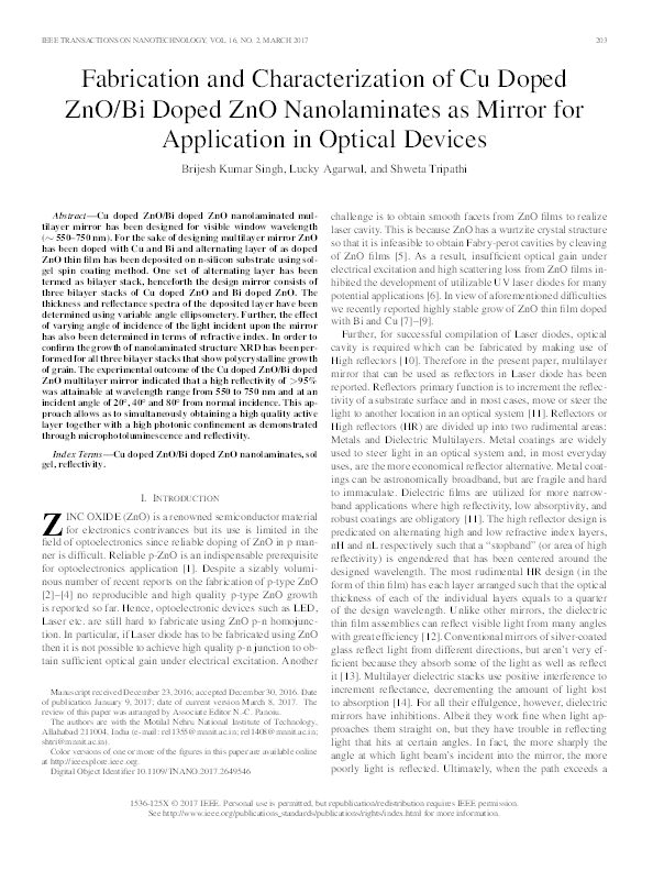 (PDF) Fabrication and Characterization of Cu Doped ZnOBi Doped ZnO ...