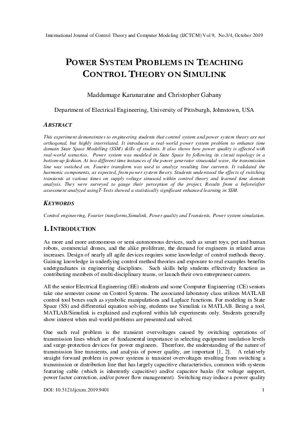 (PDF) POWER SYSTEM PROBLEMS IN TEACHING CONTROL THEORY ON SIMULINK