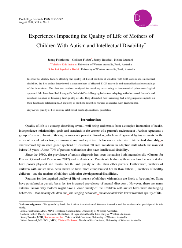 (PDF) The Experiences Impacting on the Quality of Life of Mothers of ...