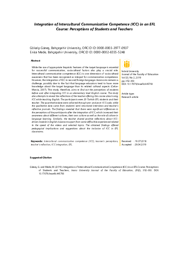 Pdf Integration Of Intercultural Communicative Competence Icc In An Efl Course Perceptions Pdf Integration Of Intercultural Communicative Competence Icc In An Efl Course Perceptions