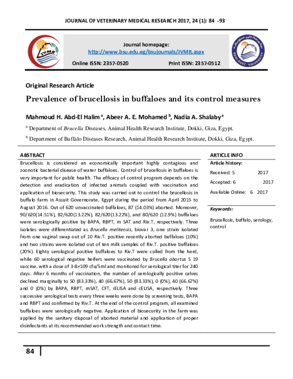 (PDF) Prevalence of brucellosis in buffaloes and its control measures