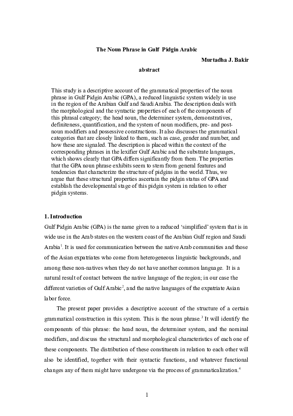 (DOC) The Noun Phrase in Gulf Pidgin Arabic